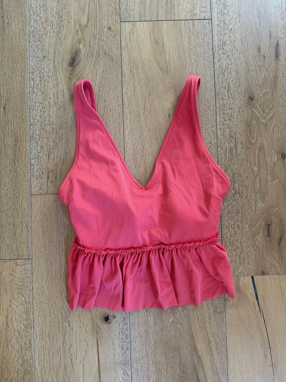 👙 Kortni Jeane Coral Pink Ribbed V-Neck Peplum Tank
